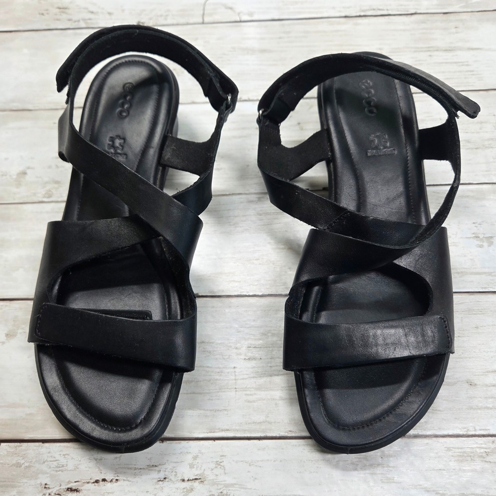 Ecco Felicia Wedge Sandal Women 10-10.5 Black Leather Adjustable Straps